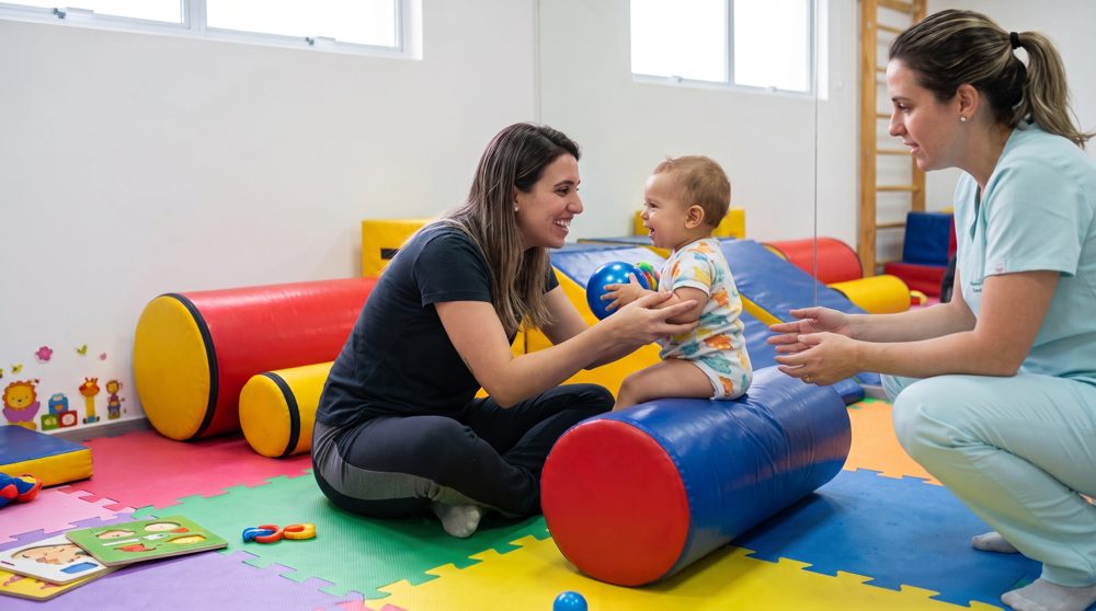 Bebê interagindo e sorrindo com a mãe e a profissional